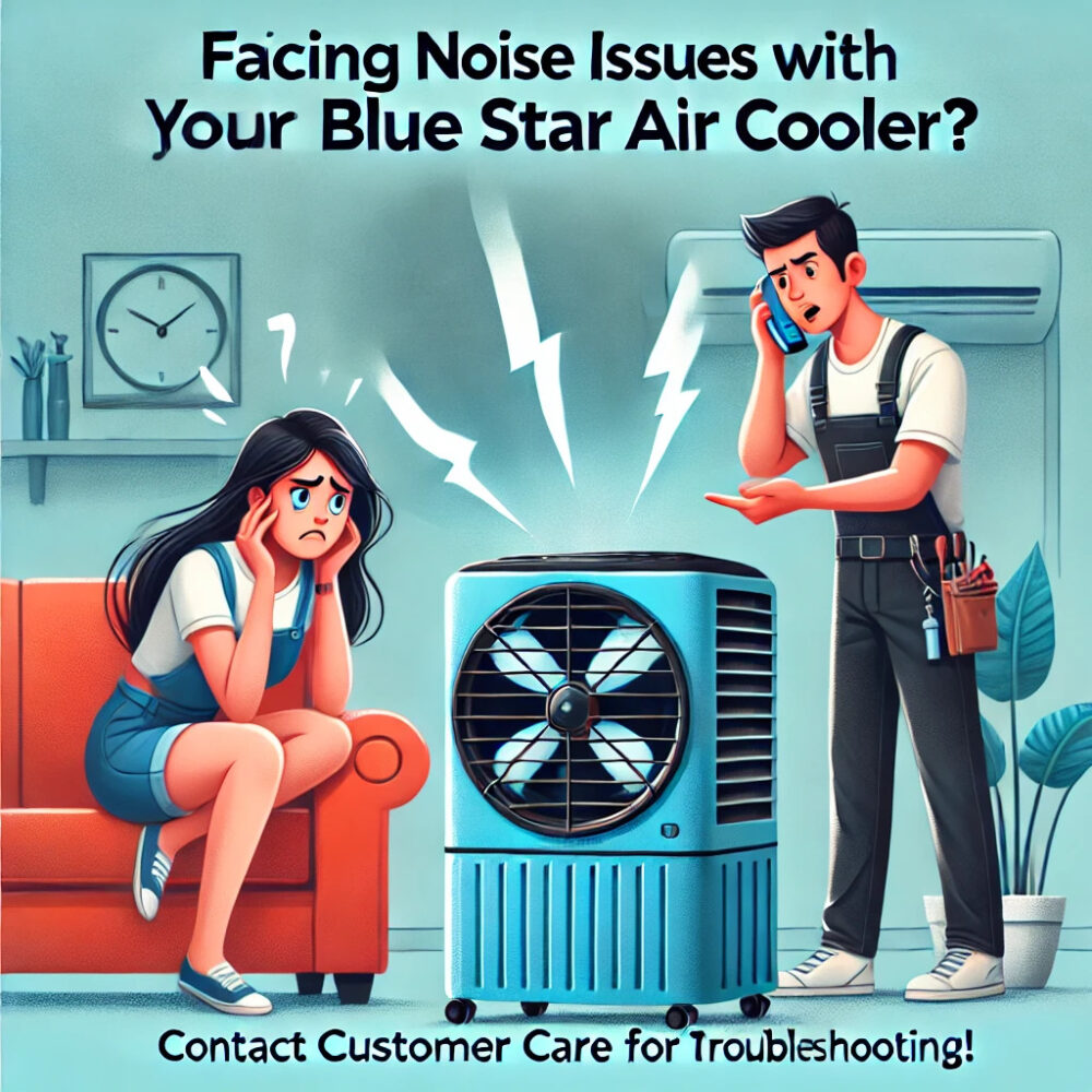 A frustrated customer experiencing noise issues with a Blue Star air cooler while a technician inspects the unit for troubleshooting.