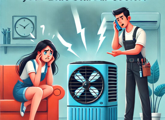 A frustrated customer experiencing noise issues with a Blue Star air cooler while a technician inspects the unit for troubleshooting.