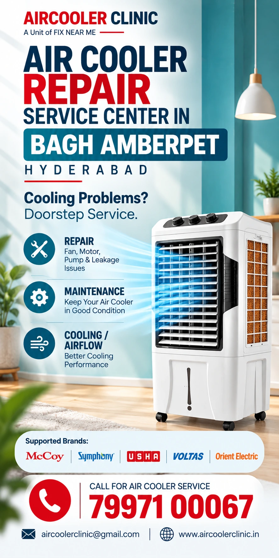 Air cooler service support for residential and local customers in Bagh Amberpet, Hyderabad.