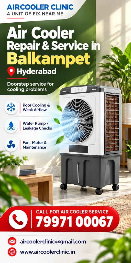 Air cooler service support for residential and local customers in Balkampet, Hyderabad.