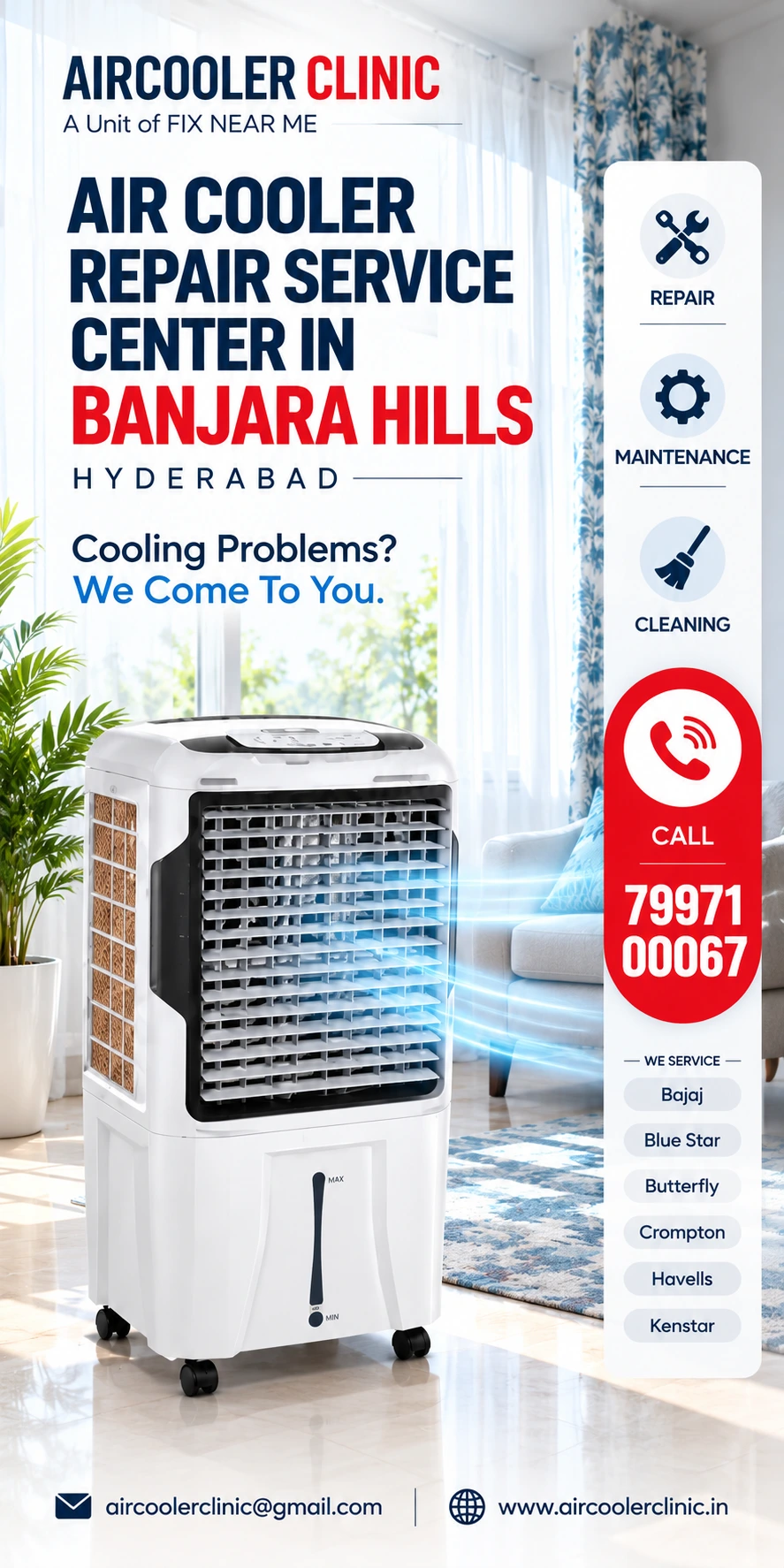 Doorstep air cooler repair support for customers in Banjara Hills, Hyderabad.