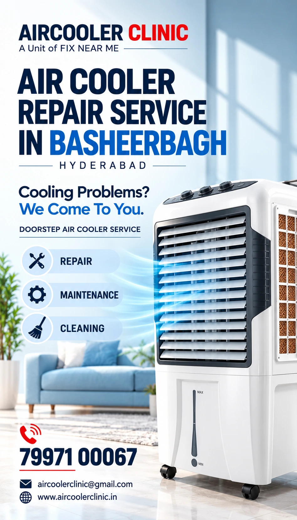 Air cooler repair and servicing support available in Basheerbagh, Hyderabad.