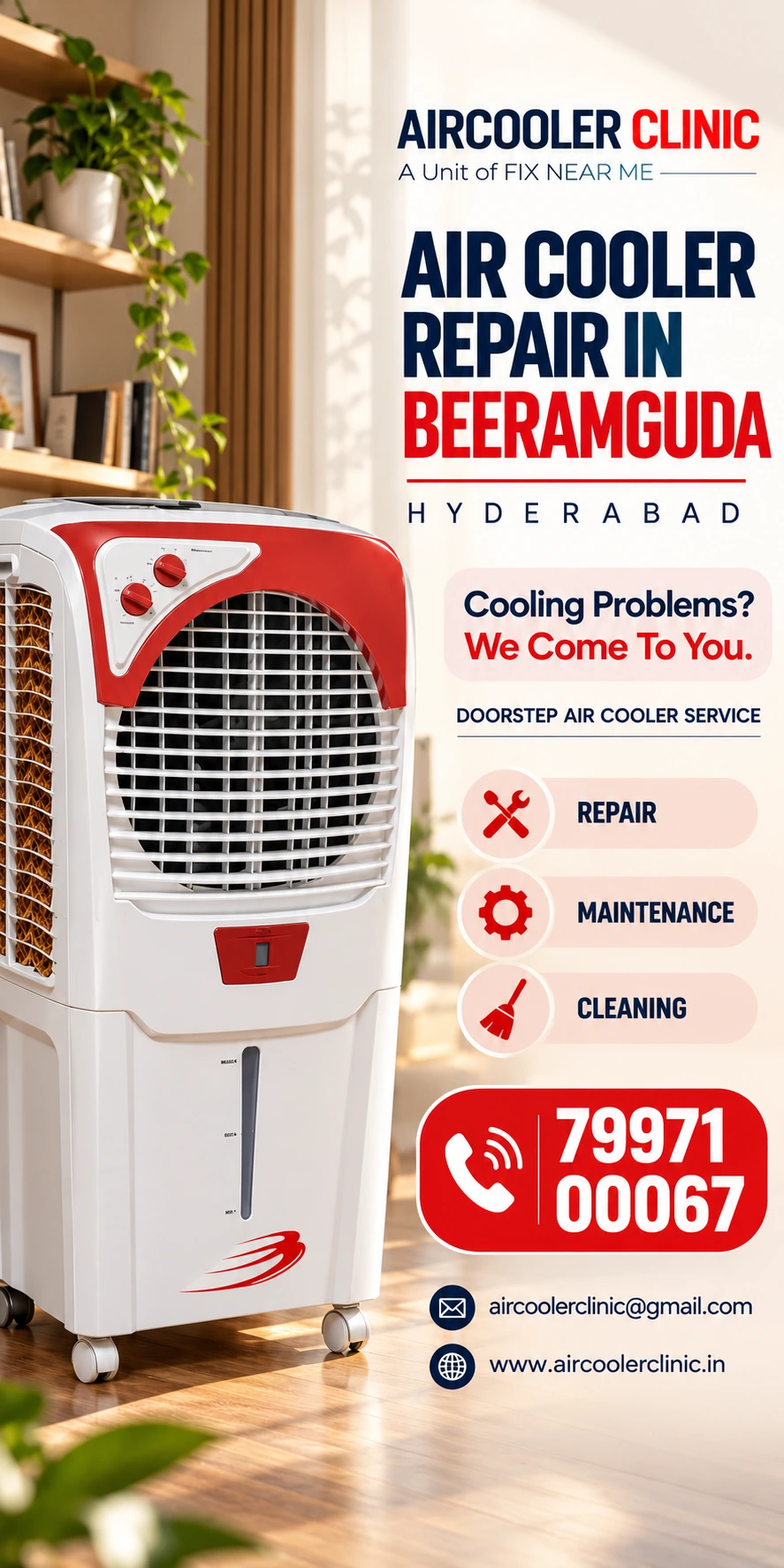 Professional doorstep air cooler service for the Beeramguda, Hyderabad area.
