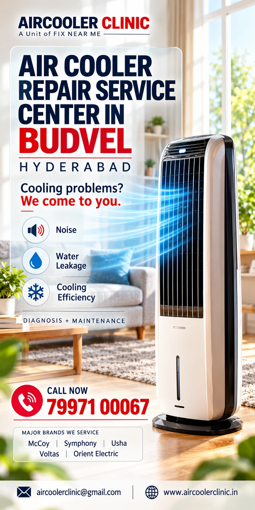 Doorstep air cooler repair support for customers in Budvel, Hyderabad.