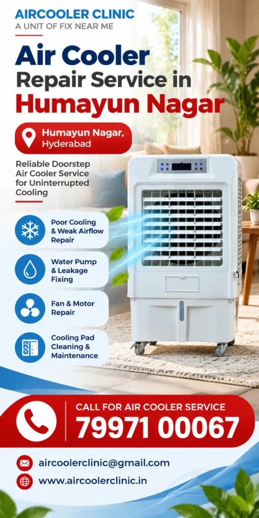 Air cooler service support for residential and local customers in Humayun Nagar, Hyderabad.