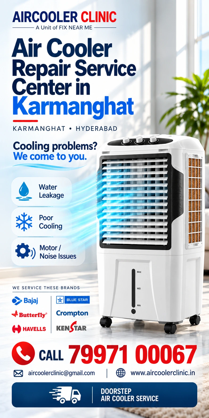 Local doorstep support for air cooler repair needs in Karmanghat, Hyderabad.