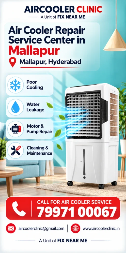 Air cooler repair and servicing support available in Mallapur, Hyderabad.