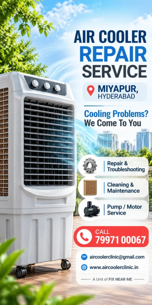 Local doorstep support for air cooler repair needs in Miyapur, Hyderabad.