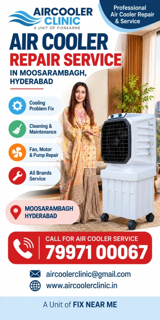 Professional doorstep air cooler service for the Moosarambagh, Hyderabad area.