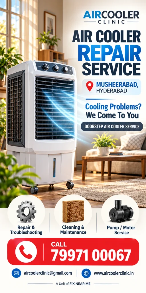 Local air cooler repair assistance for homes in Musheerabad, Hyderabad.