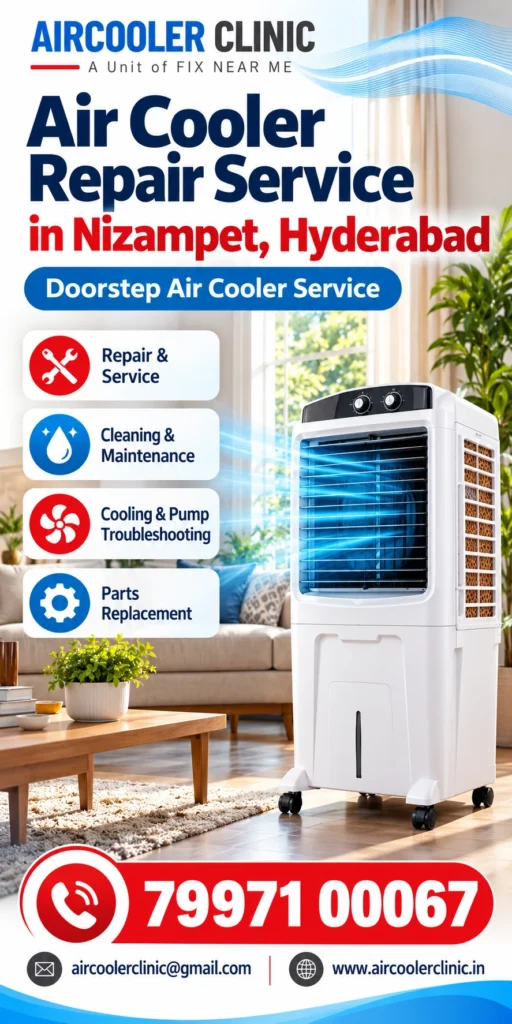 Air cooler repair and servicing support available in Nizampet, Hyderabad.