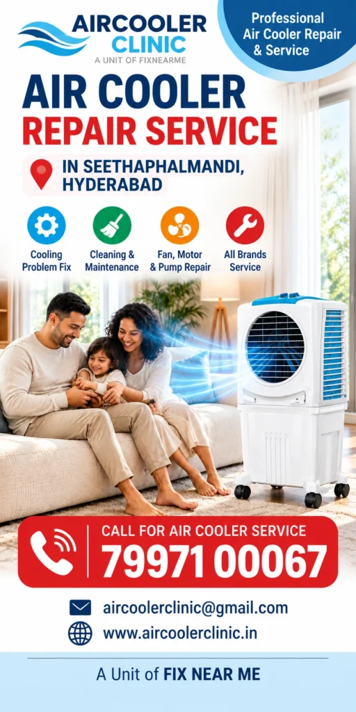 Local air cooler repair assistance for homes in Seethaphalmandi, Hyderabad.