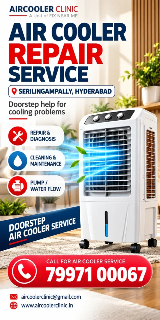 Repair and service assistance for air coolers in Serilingampally, Hyderabad.