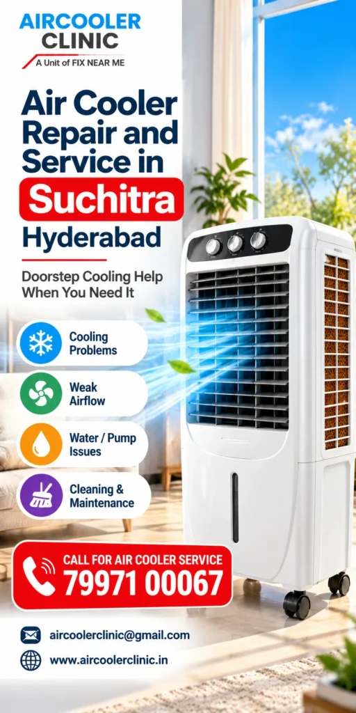 Air cooler repair and servicing support available in Suchitra, Hyderabad.