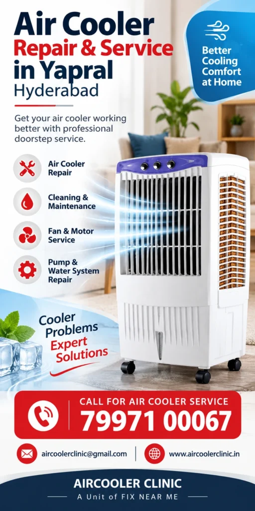 Local air cooler service assistance for homes and businesses in Yapral, Hyderabad.